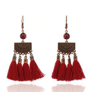 Red ornate tassel dangle earrings vintage boho